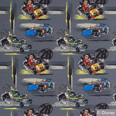 Jersey Stoff Disney Micky Maus Goofy Rennwagen dunkelgrau