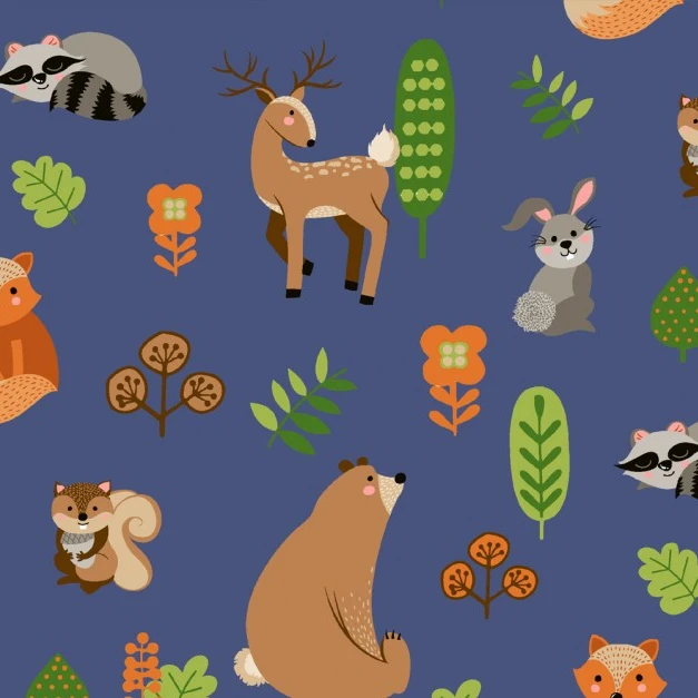 Jersey Stoffe Waldtiere Hase Bär im Wald
