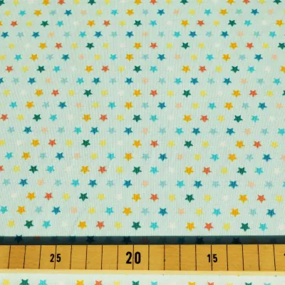 Jersey Stoff bunte Sterne hellblau 0,14m