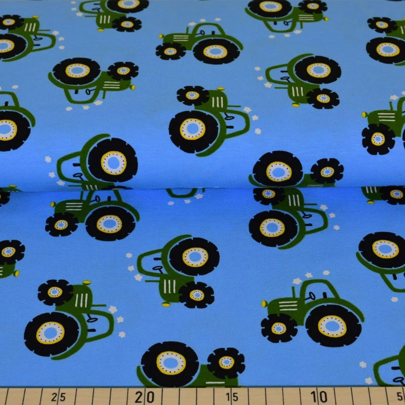 Jersey Stoffe Traktor türkis / hellblau