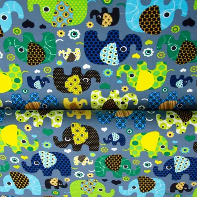 Jersey Stoffe- Elefanten blau grau 0,40m