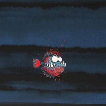 Jersey Stoffe Panel Franjo el Piranho by Thorsten Berger Piranha Fisch blau 0,65m