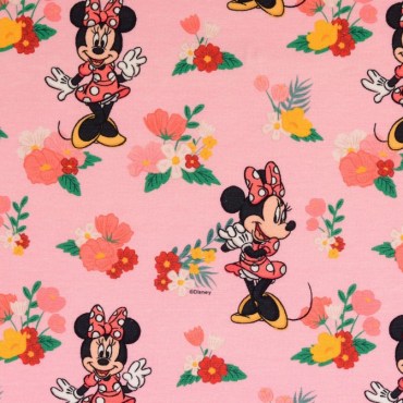 Jersey Stoffe Disney Micky Maus Minnie Blumen rosa