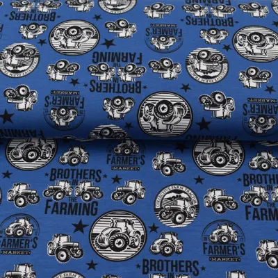 Jersey Stoffe Farming Traktoren Trecker blau
